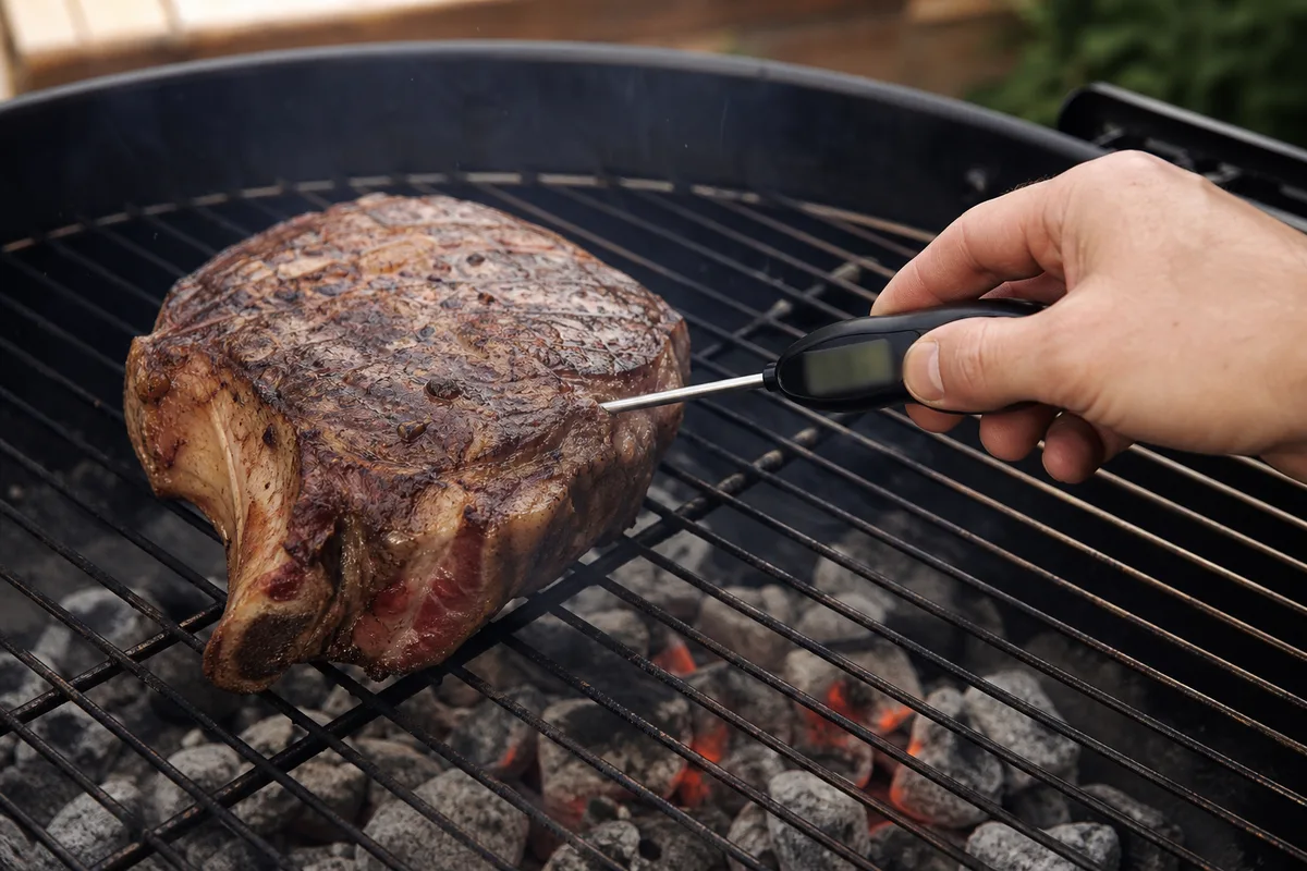 Thermomètre à sonde planté dans une pièce de viande sur la grille d’un barbecue à charbon