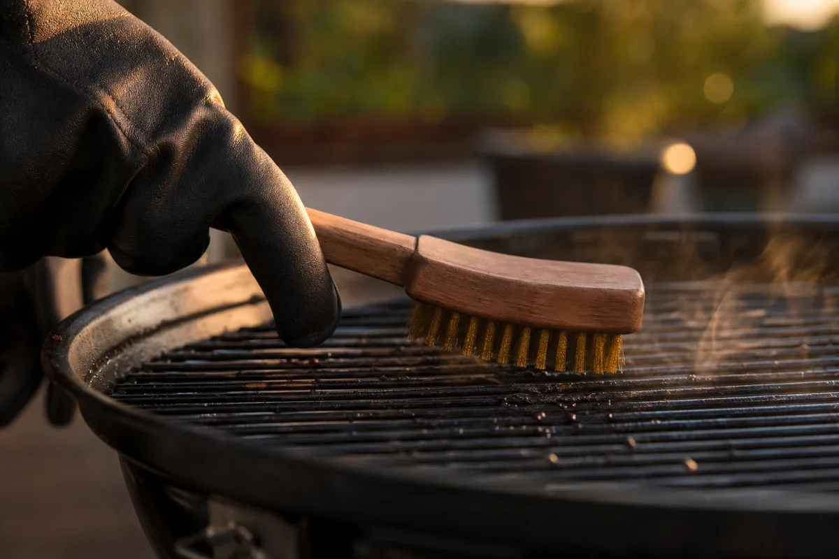 Grille de barbecue brossée à chaud, vapeur et résidus visibles sur la fonte