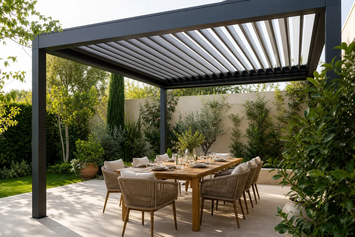 Terrasse abritée par une pergola à lames orientables avec table dressée pour un repas