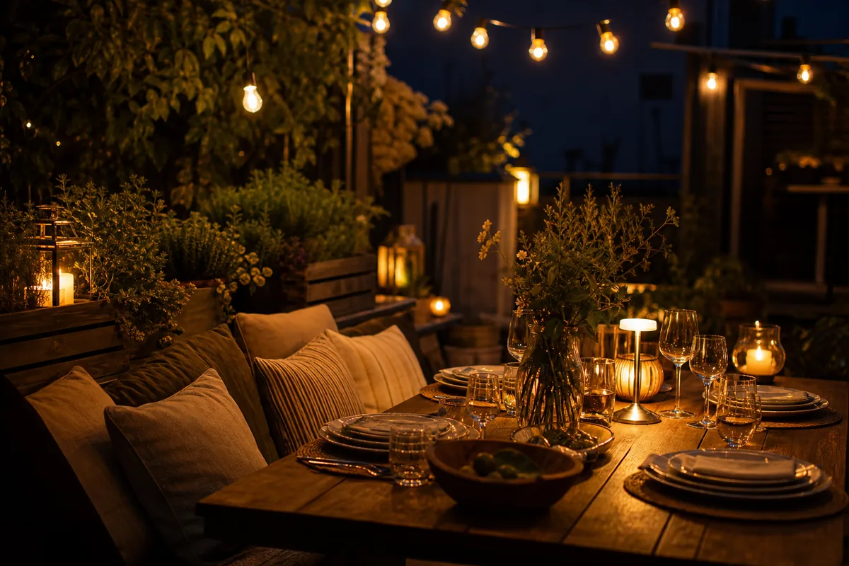 Terrasse conviviale le soir avec guirlandes lumineuses, plantes en jardinières et coin repas dressé
