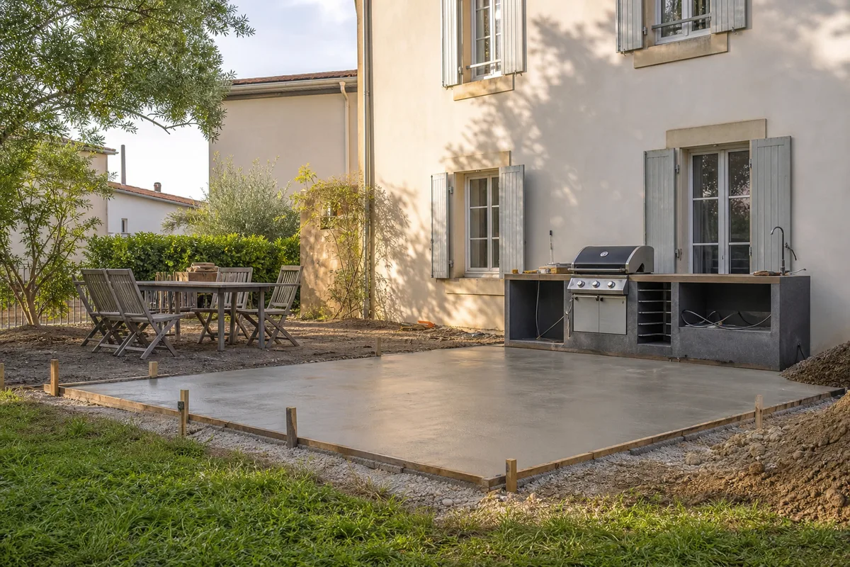 Vue d&rsquo;ensemble d&rsquo;une cuisine d&rsquo;été aménagée sous pergola avec barbecue et coin repas