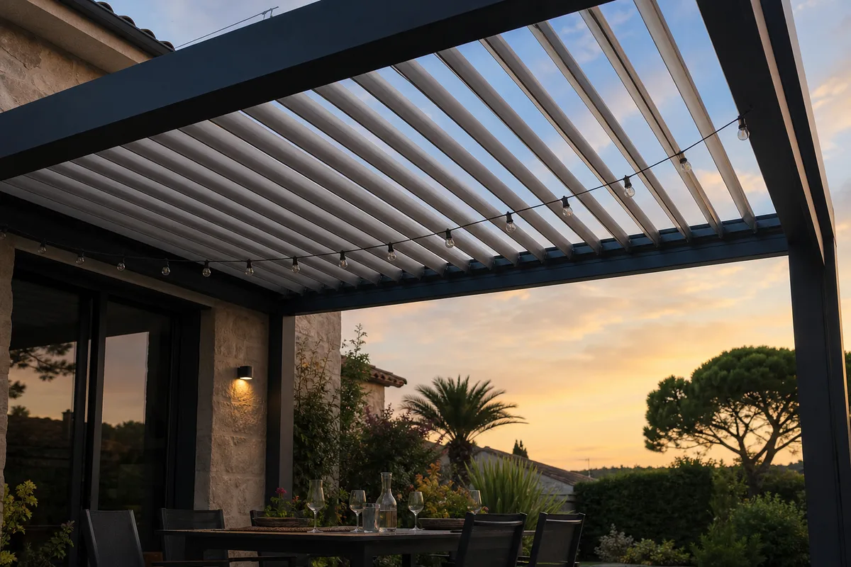 Pergola bioclimatique à lames orientables couvrant un coin repas extérieur en fin de journée