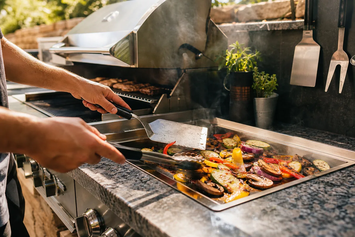 Pôle cuisson extérieur avec barbecue encastré, plancha et plan de travail en pierre