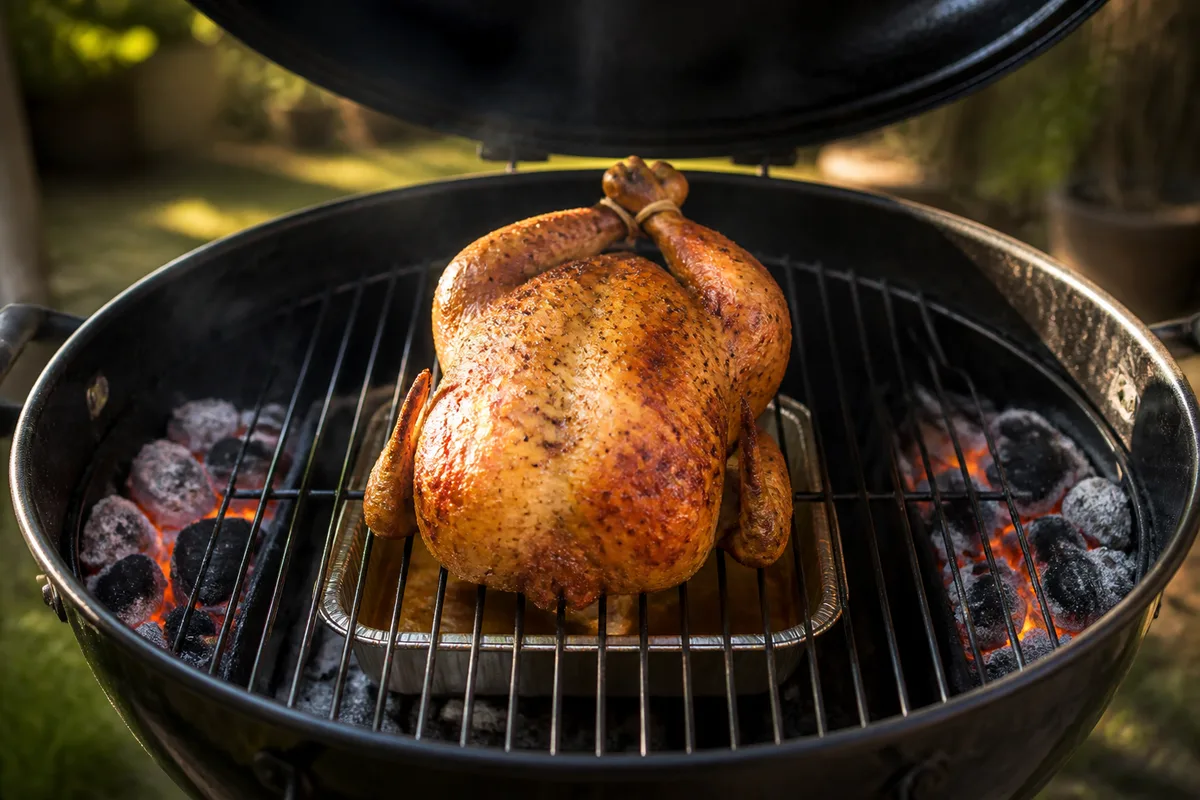 Grosse pièce de viande posée hors des braises sur la grille, couvercle relevé et bac récupérateur visible