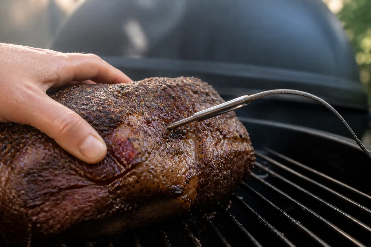 Thermomètre à sonde planté dans une pièce de viande à côté d’un barbecue à couvercle fermé