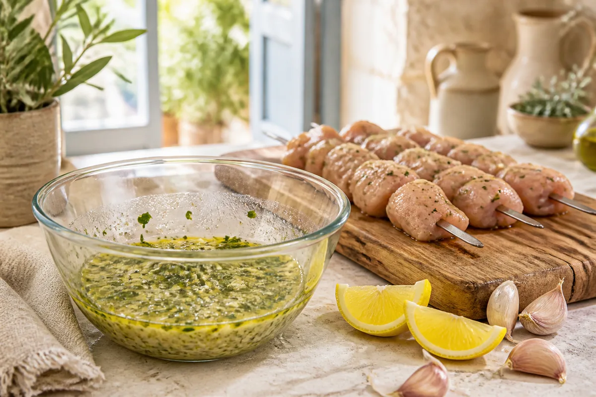 Saladier de marinade aux herbes fraîches, huile d&rsquo;olive et citron à côté de brochettes de poulet crues