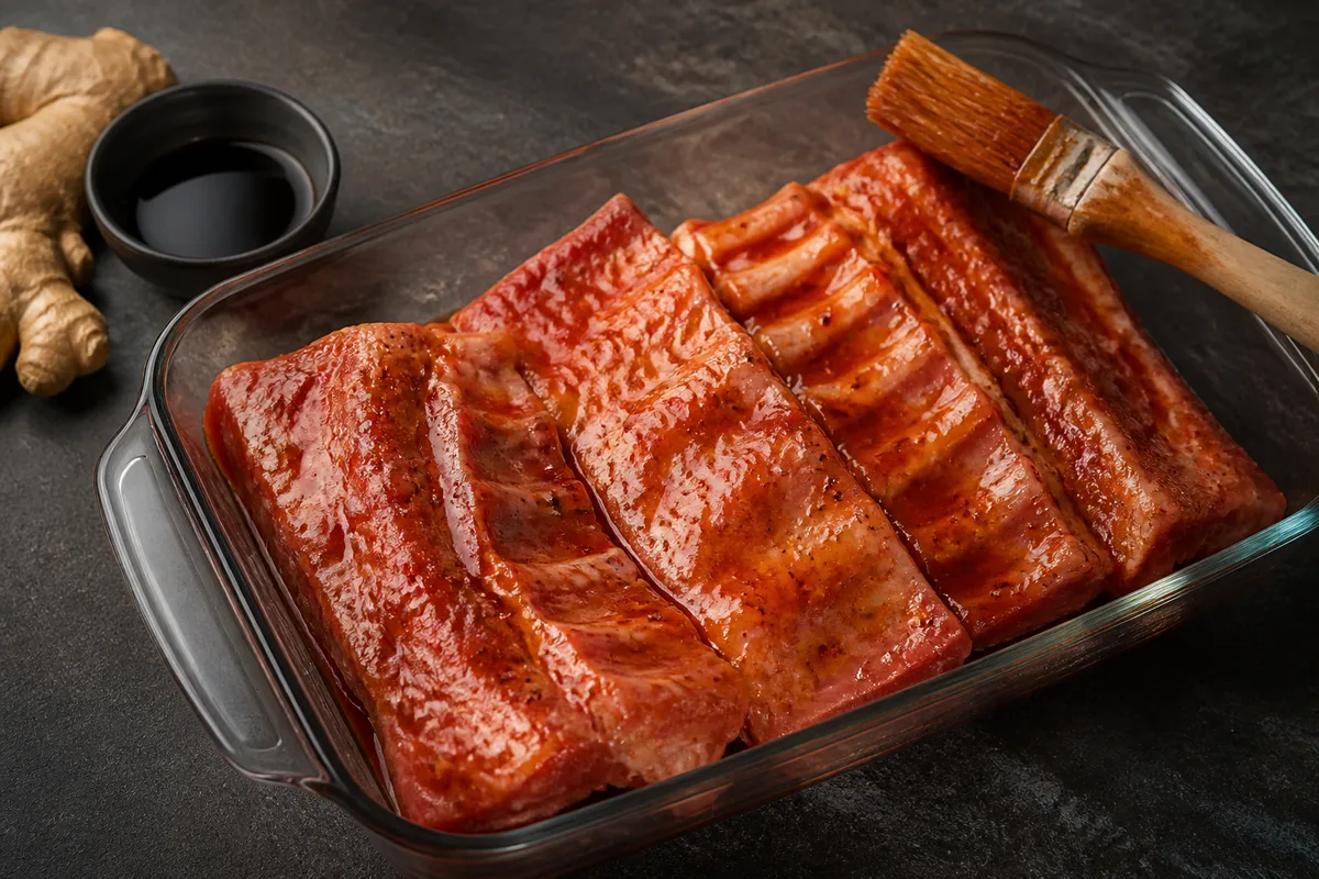 Travers de porc en train de mariner dans un plat en verre avec une marinade au miel et au paprika