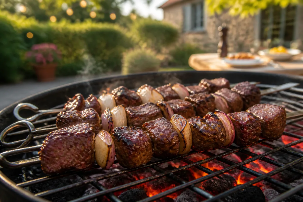 Brochettes de bœuf marinées en train de griller sur un barbecue au charbon avec de la fumée