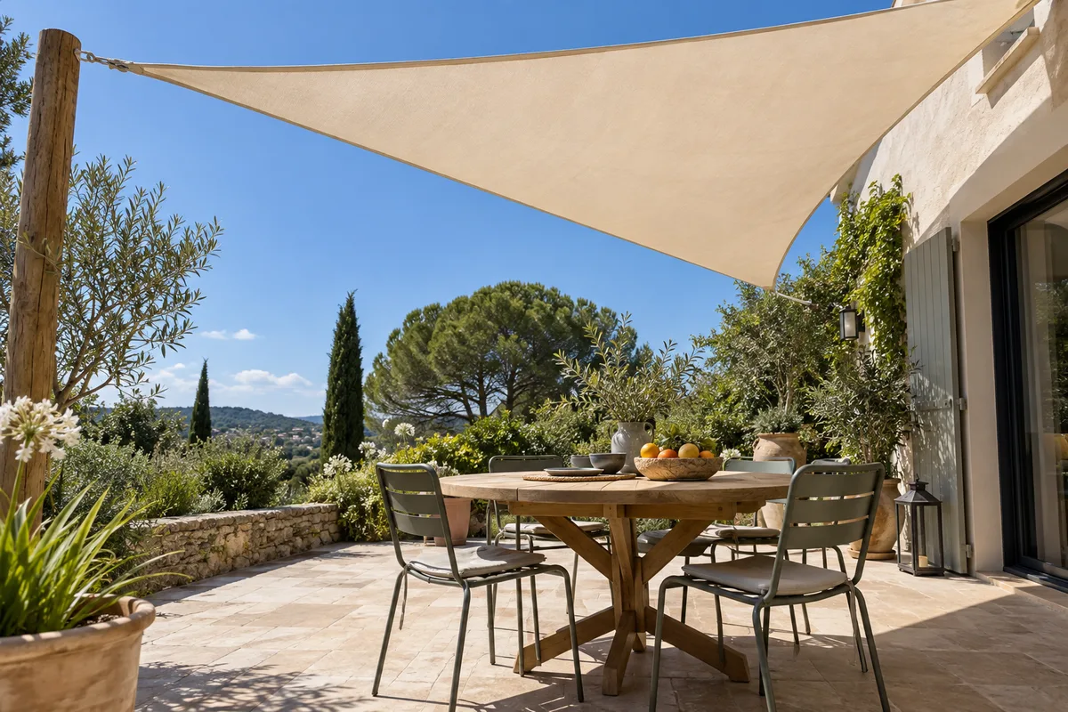 Voile d’ombrage triangulaire écrue tendue au-dessus d’un coin repas en terrasse