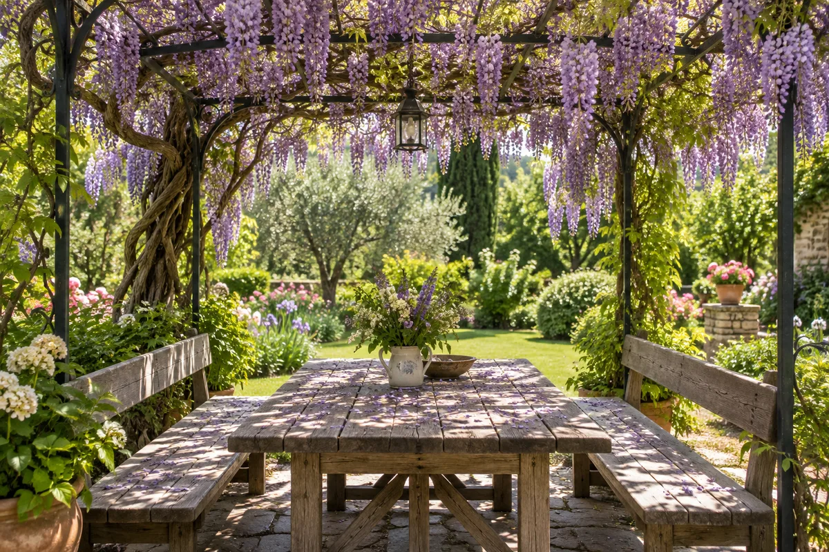 Glycine en fleurs couvrant une tonnelle au-dessus d’une table de jardin