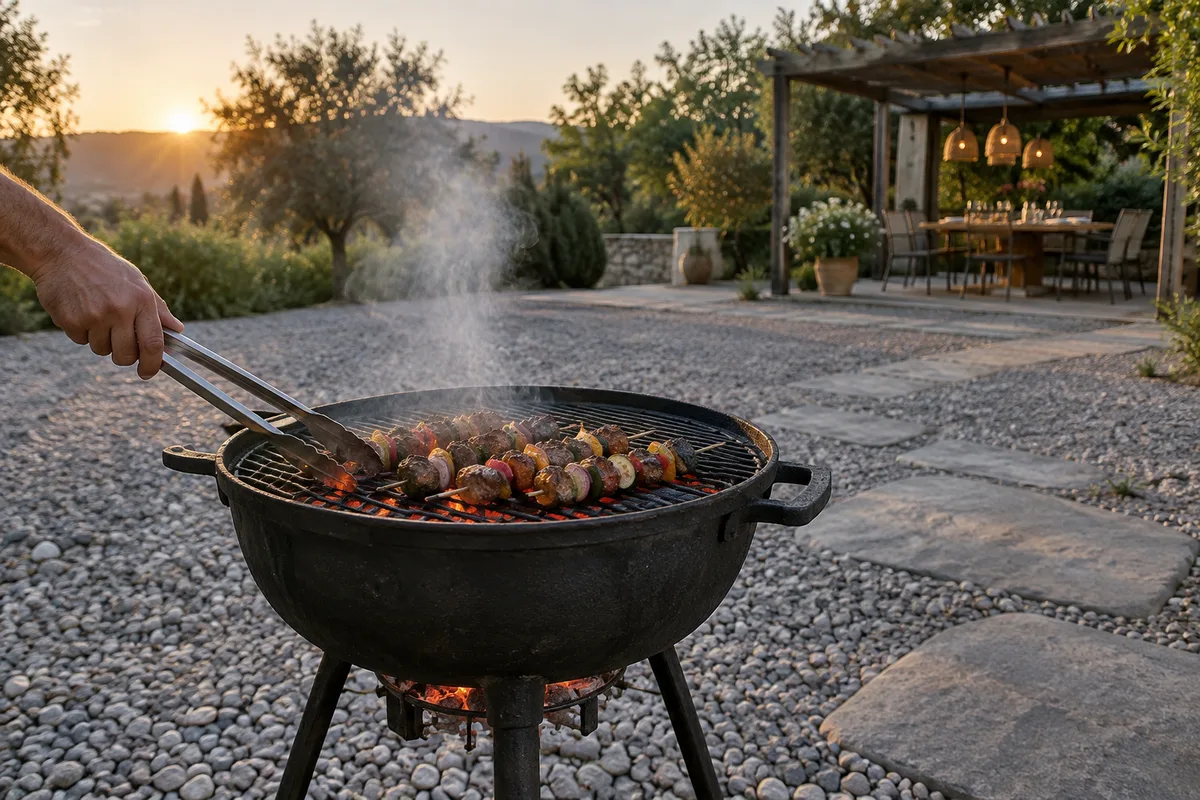 Barbecue installé à l’écart de la terrasse couverte, une légère fumée s’élevant à ciel ouvert