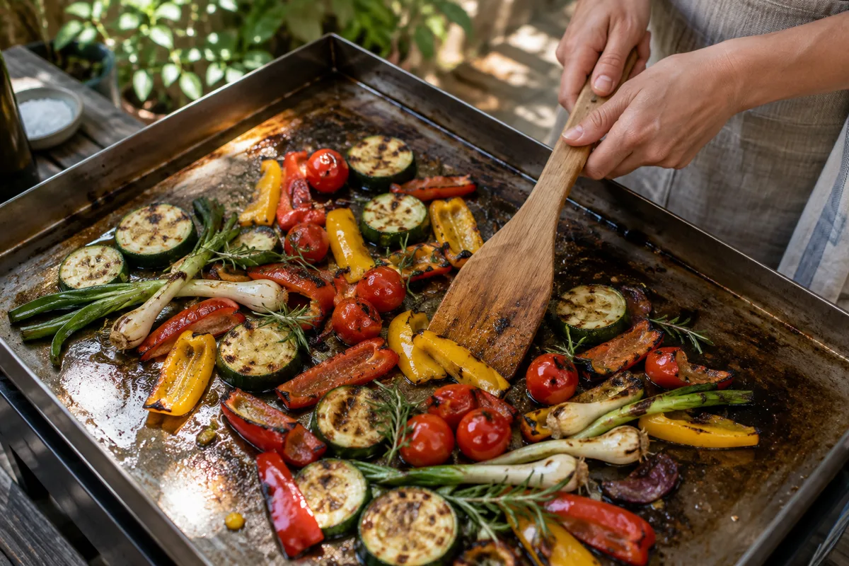 Plancha garnie de légumes grillés sur une terrasse à l’ombre