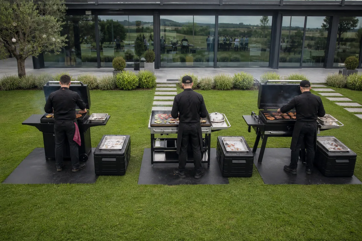 Deux barbecues et une plancha alignés sur une pelouse d&rsquo;entreprise pendant le service des grillades