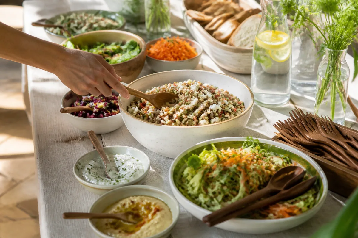 Buffet de salades et de sauces dressé sur une longue table en bois près du poste de cuisson