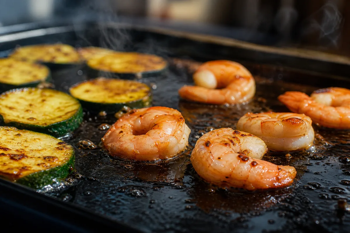 Gros plan sur une plaque de plancha en fonte émaillée noire où saisissent des gambas et des tranches de courgette