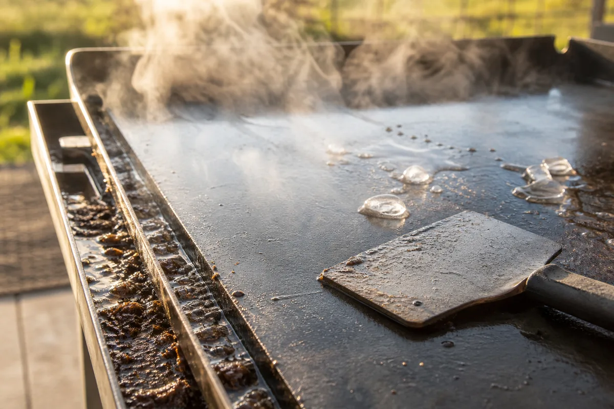 Nettoyage à chaud d&rsquo;une plaque de plancha au racloir, vapeur d&rsquo;eau et sucs de cuisson qui se décollent