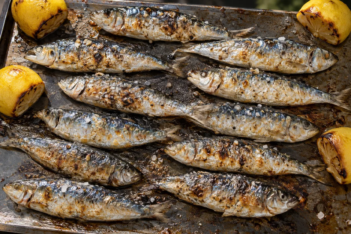 Sardines entières alignées sur une plancha avec des quartiers de citron en train de griller