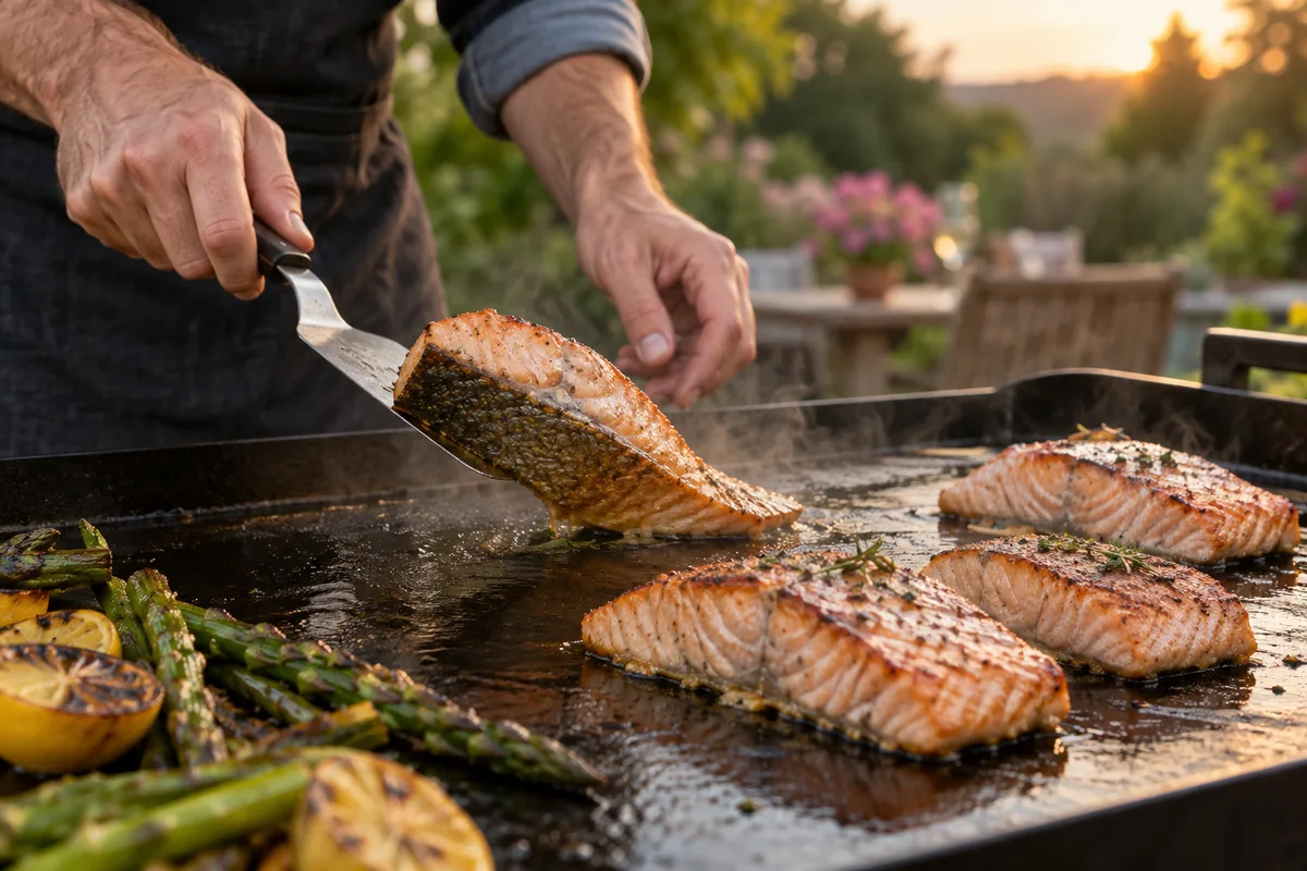 Mains retournant un pavé de poisson à la peau dorée avec une spatule fine sur une plancha