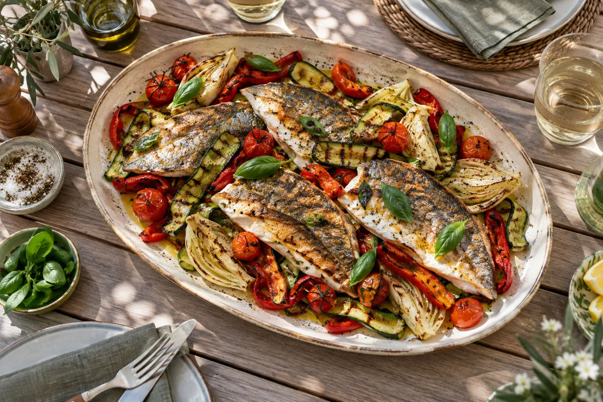 Poisson grillé et légumes de plancha dressés sur un plat en céramique sur une table extérieure