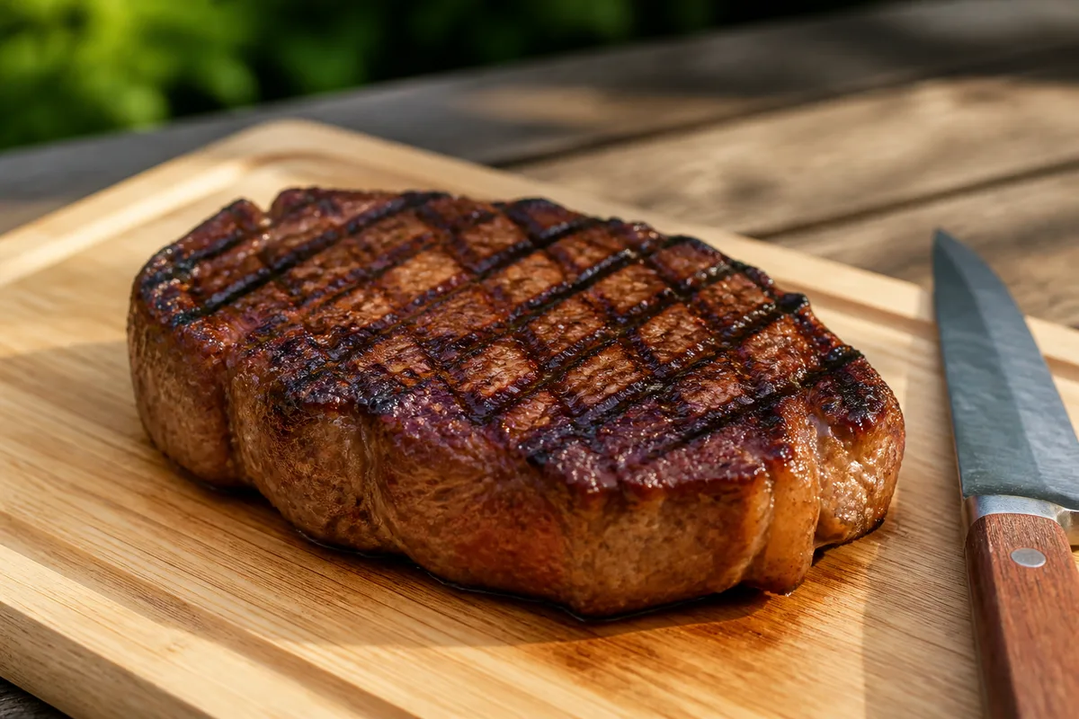 Steak reposant sur une planche en bois après cuisson au barbecue