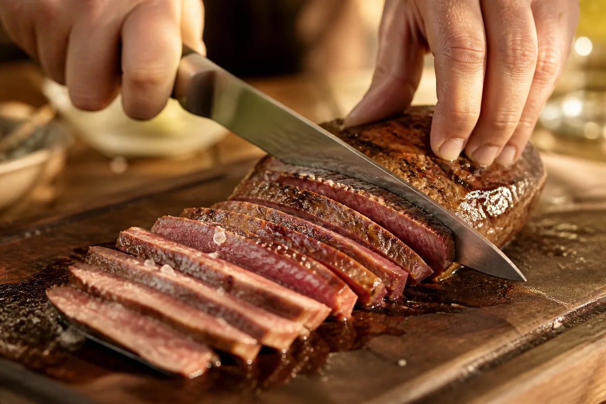 Découpe d’une viande reposée en tranches régulières sur planche
